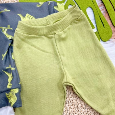 Conj. Jaqueta com Capuz, Body Manga Longa Dino Skatista e Calça de Moletom - Cinza e Verde